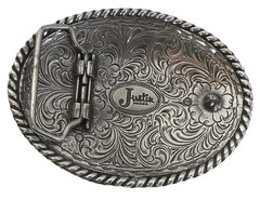 Justin Brand Western Belt Buckle, Silver-tone metal, cowboy, cowgirl 3.75 x 3&Prime;