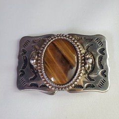 Vintage Southwestern Silver Tone Tigers Eye Belt Buckle Etched Design Cowboy