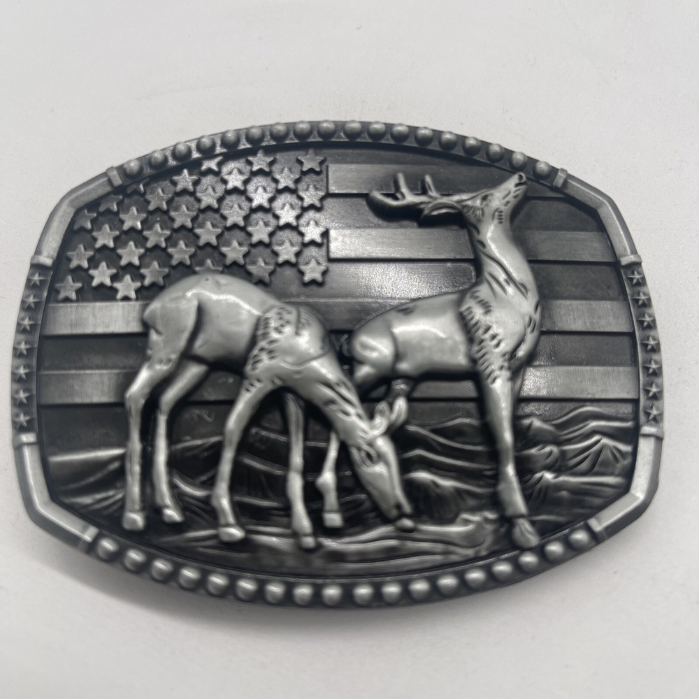 Deers And American Flag Belt Buckle: For 1 1/2” Wide Belt (not Included)