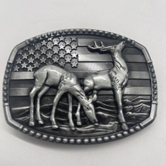 Deers And American Flag Belt Buckle: For 1 1/2” Wide Belt (not Included)