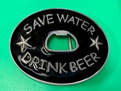 SAVE WATER DRINK BEER Novelty Black Enameled Belt Buckle with Bottle Opener