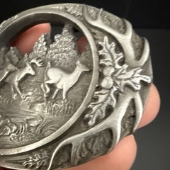 NICE PEWTER 1990 C + J INC DEER SCENE AND ANTLER BELT BUCKLE MADE IN USA