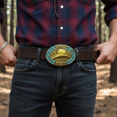 Men Antique Gold Metal Western Belt Buckle Cowboy Hat Turquoise Blue Color Beads