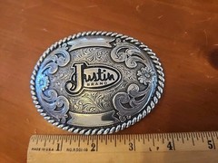 Justin Boots Brand – Belt Buckle Fillagree Engraved Scroll Work Oval Nice