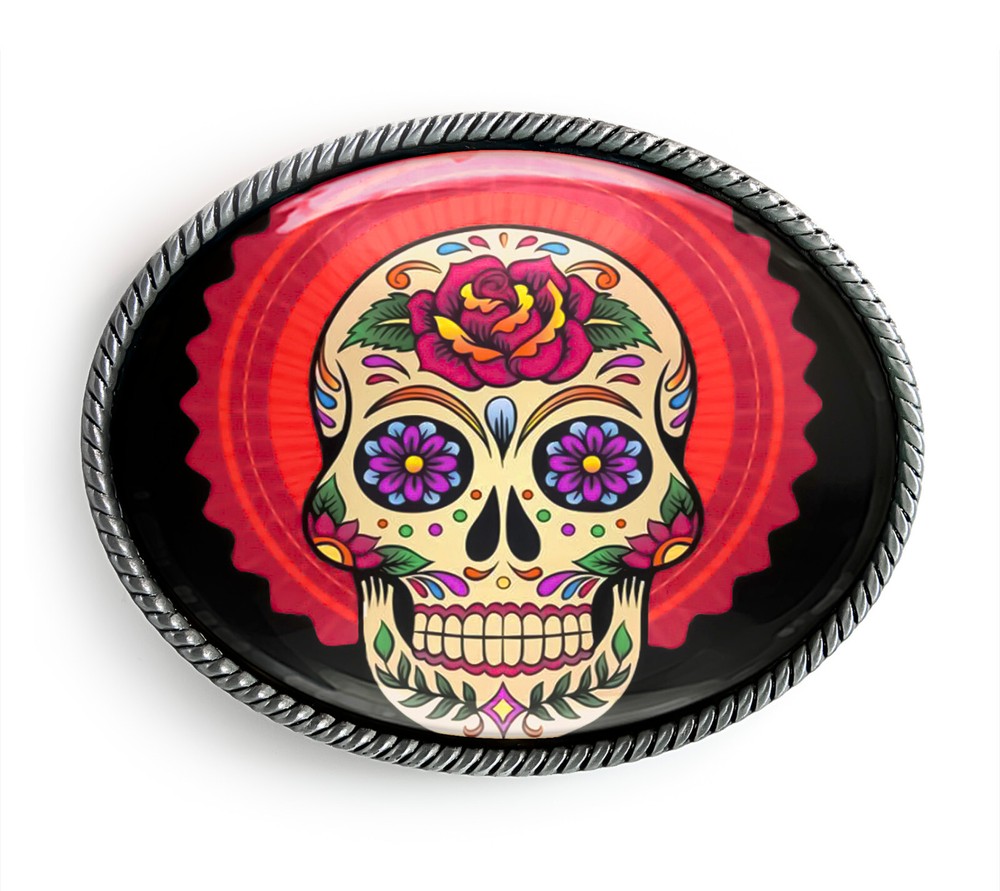 Mexican Sugar Skull Belt Buckle – Day of the Dead Tattoo Belt Buckle – 54