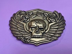 Skull With Wings Bones And Flowers Silver Color Metal Cutout Belt Buckle