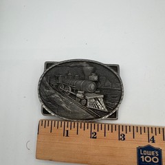 Vintage Steam Locomotive Train Belt Buckle Pewter Tone Railroad Mountain Scene
