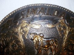 Vtg SINALOA 6&Prime; Silver Brass BULL RIDER Rodeo WESTERN Mexican CARTEL Belt BUCKLE