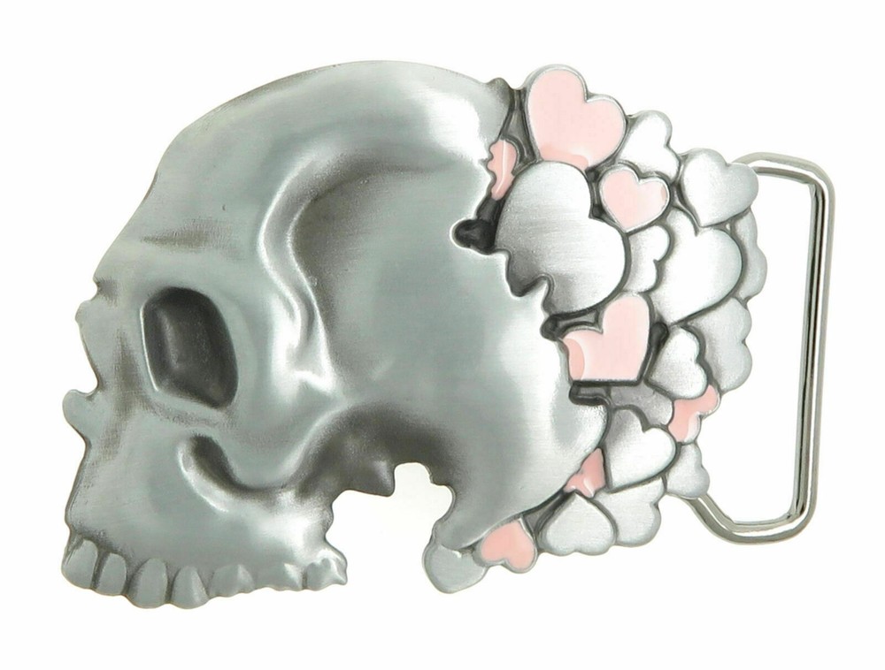 Skull with Pink Hearts Metal Belt Buckle