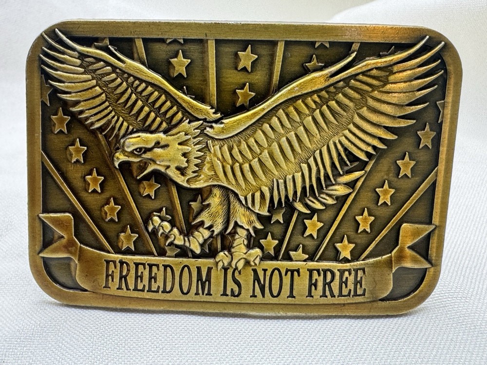 Freedom is Not Free Brass Belt Buckle Western Eagle Stars 2014 Sponsor USA