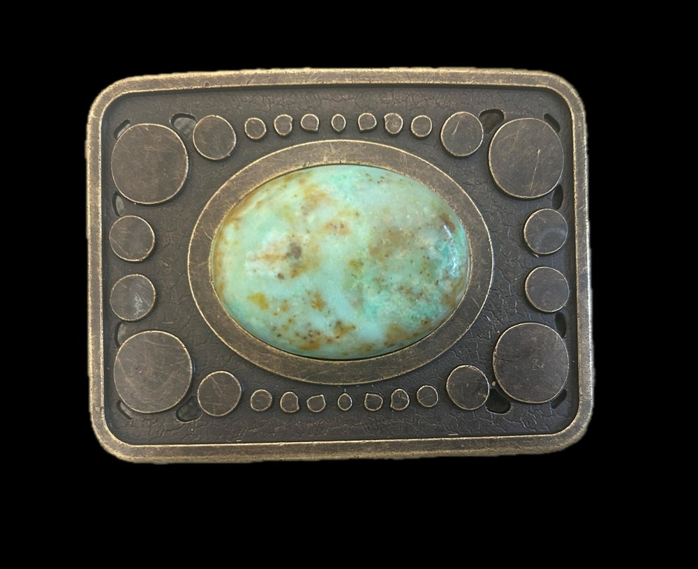 Vintage Teal Stone Belt Buckle Antique Gold Bronze Brass Turquoise Agate Inlay