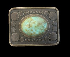 Vintage Teal Stone Belt Buckle Antique Gold Bronze Brass Turquoise Agate Inlay