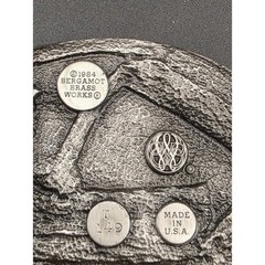 VTG Belt Buckle BARN 1984 Bergamot Brass Works Pewter Farming T 149 USA Farmer