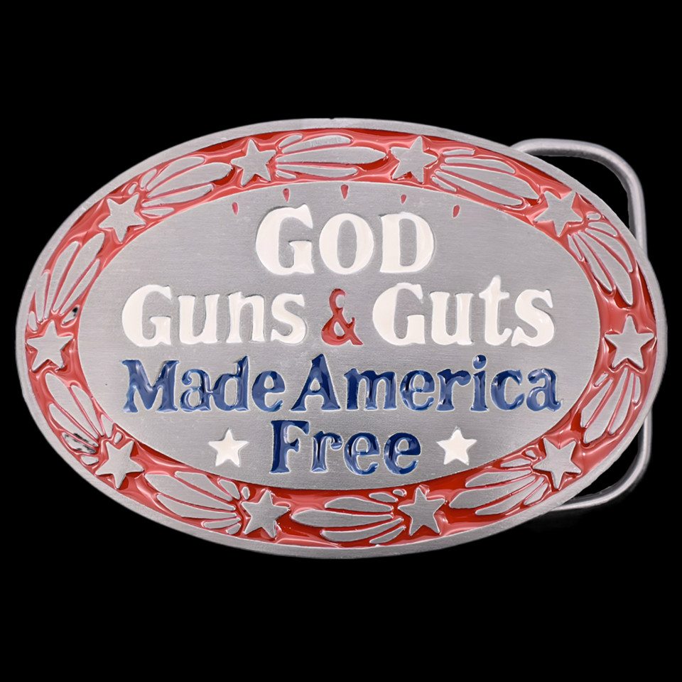 God Guns & Guts Made America Free Patriot Freedom Religion Bear Arms Belt Buckle