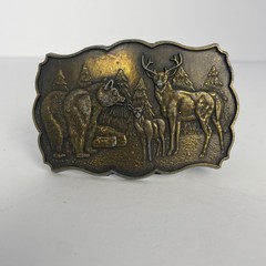 Vintage Wildlife Belt Buckle Bear Deer Fawn Forest Scene Brass Tone Scalloped