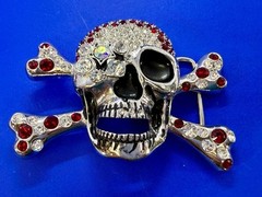 Pirate Skull Head Crossbones Red Clear Rhinestone Covered Costplay Belt Buckle