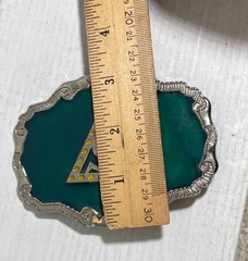 Belt Buckle Green Enamel & Yellow Accents Triangle with « S » Vintage Silver Toned