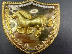 Running Galloping Horse Shield with Sparkling Rhinestones Reflective Belt Buckle