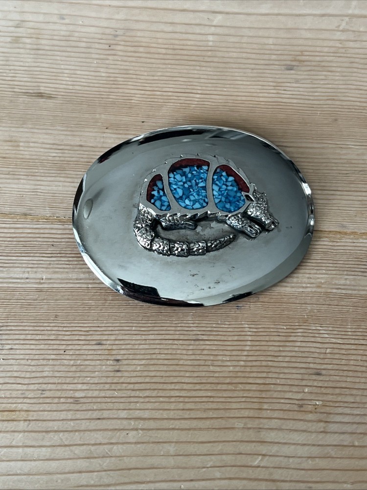 Vintage Armadillo WESTERN Handcrafted belt buckle Inlay Stones TURQUOISE Red