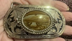 Retro Western Cowboy Belt Buckle Stone Oval Cowgirl, Silver Tone With Leaves