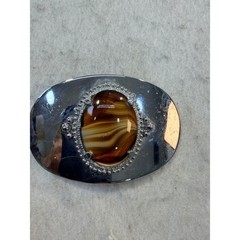 Vintage Western Silver Tone Oval Belt Buckle Brown Banded Agate Stone Beaded