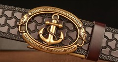 Lyqqine Men&rsquo;s Leather Ratchet Belt Ethnic 125cm, Grass Carving Anchor Brown
