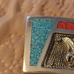 Vintage Men&rsquo;s Western Eagle Belt Buckle Silver Turquoise Coral Inlay