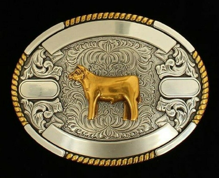 New! Crumrine Silver & Gold OVAL COW BELT BUCKLE w/ Floral tooling Rope edging