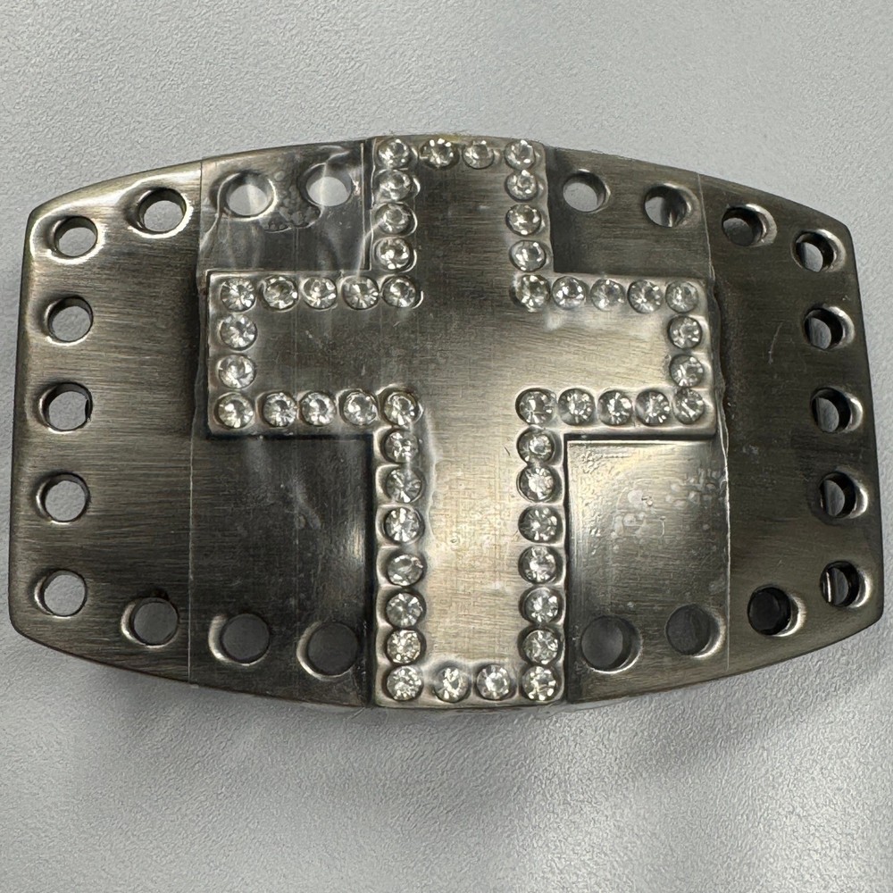 Sparkling Rhinestone Cross Belt Buckle Pewter Tone Western Style 3&Prime; x 2&Prime;