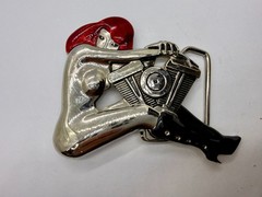 Woman Hugging V-Twin Engine with Red Enamel Hair Novelty Figural Belt Buckle