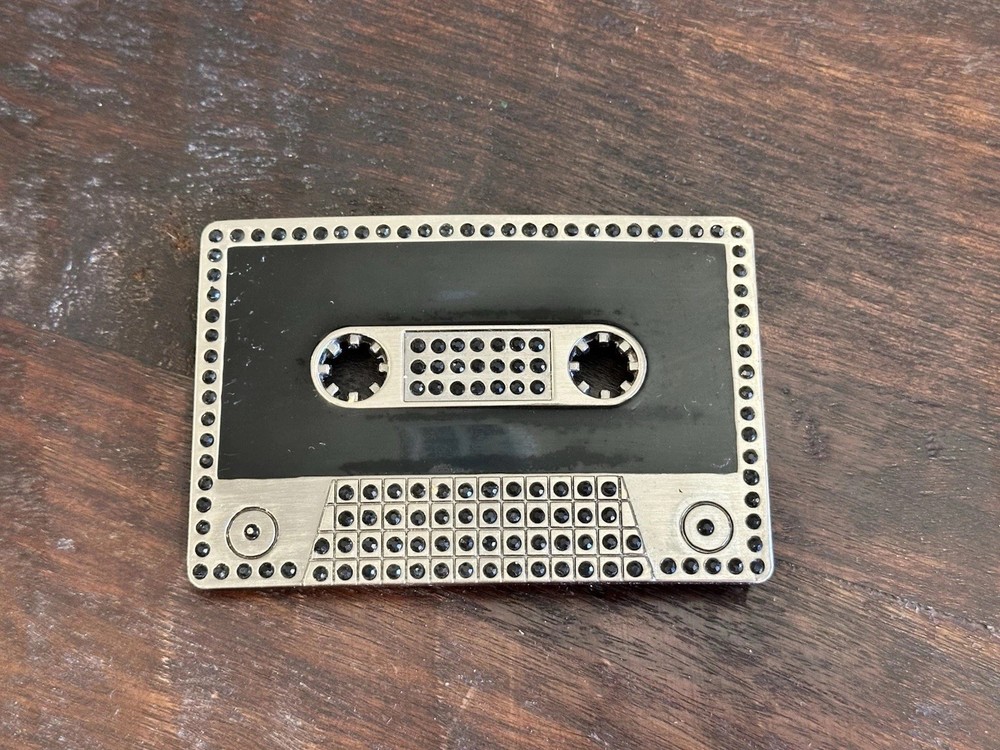 METAL CASSETTE TAPE BLACK ENAMEL RHINESTONE CRYSTAL BELT BUCKLE RETRO 80S/90S