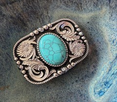 Silver Floral Western Belt Buckle Teal Stone Agate Cowboy Snap On 1.5in Strap