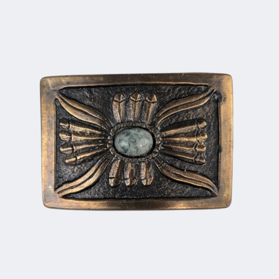 Vintage Native American Brass Tone Concho Belt Buckle w/ Tree Agate Cabochon