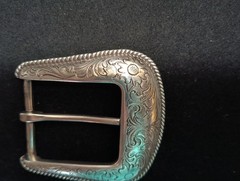 Vintage Western Style Belt Buckle Silver Tone Engraved Scroll & Flowers
