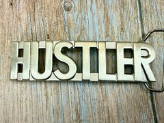 HUSTLER Block Letter Word Statement Cutout Silver Color WIDE Belt Buckle
