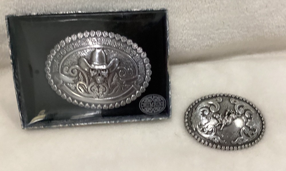 Cowboy Till Death Skull with Hat Silver Crumrine & Nocona Silver Belt Buckle