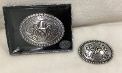 Cowboy Till Death Skull with Hat Silver Crumrine & Nocona Silver Belt Buckle