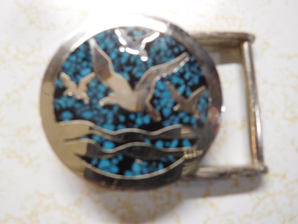 Vintage MJ brand Brilliant Four Ducks Flying, Turquoise Chips Men&rsquo;s Belt Buckle