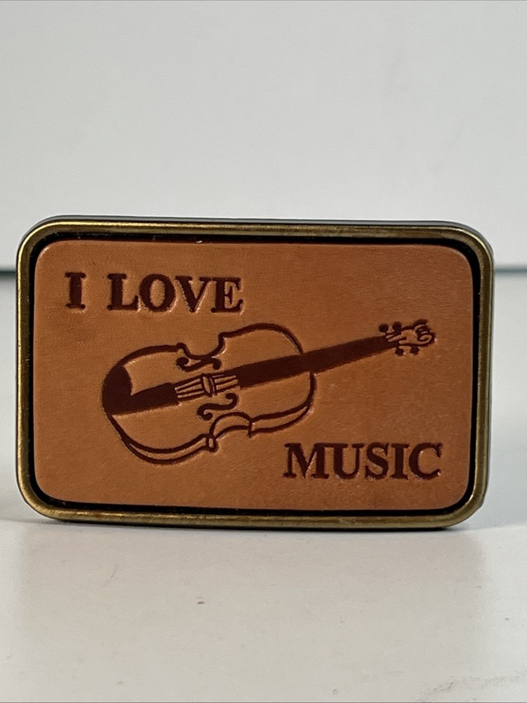 I Love Music Belt Buckle Leather And Metal, Country, Violin Fiddle, VGC