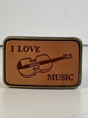 I Love Music Belt Buckle Leather And Metal, Country, Violin Fiddle, VGC