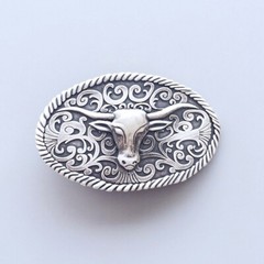 Vintage Silver Plated Longhorn Bull Cowboy Cowgirl Western Oval Belt Buckle