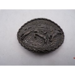Vintage 1983 Siskiyou Rodeo Horse American Flag Pewter Oval Western Belt Buckle