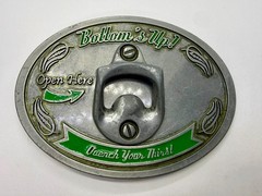 Bottom&rsquo;s Up! Open Here Quench Your Thirst Belt Buckle with Bottle Opener