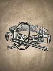 Plumber Metal Belt Buckle Red Blue Antique Finish Vintage Occupational 1967