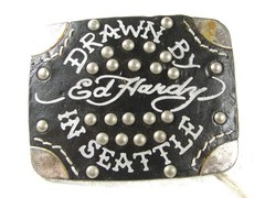 Drawn By In Seattle Black Leather Belt Buckle By ED HARDY 33116a w/ Tag
