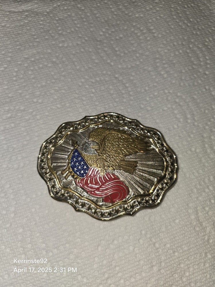 VTG Crumrine American Eagle Flag Belt Buckle Heavy Silver Plate/Bronze USA Shiny