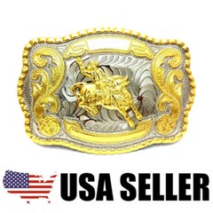 2PC WESTERN SHINE BELT BUCKLE MEN BULL RIDE RODEO ANIMAL HUGE RODEO BIG COWBOY