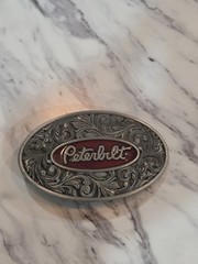 Peterbilt vintage-style antique pewter finish metal and enamel belt buckle
