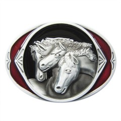 Three Horses Western Oval Cowboy Rodeo Red Enamel Metal Belt Buckle
