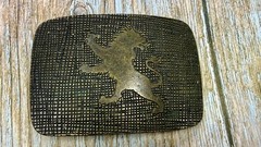 Heraldic Rampant Lion Grid Pattern Brass Tone Belt Buckle, Made in Italy